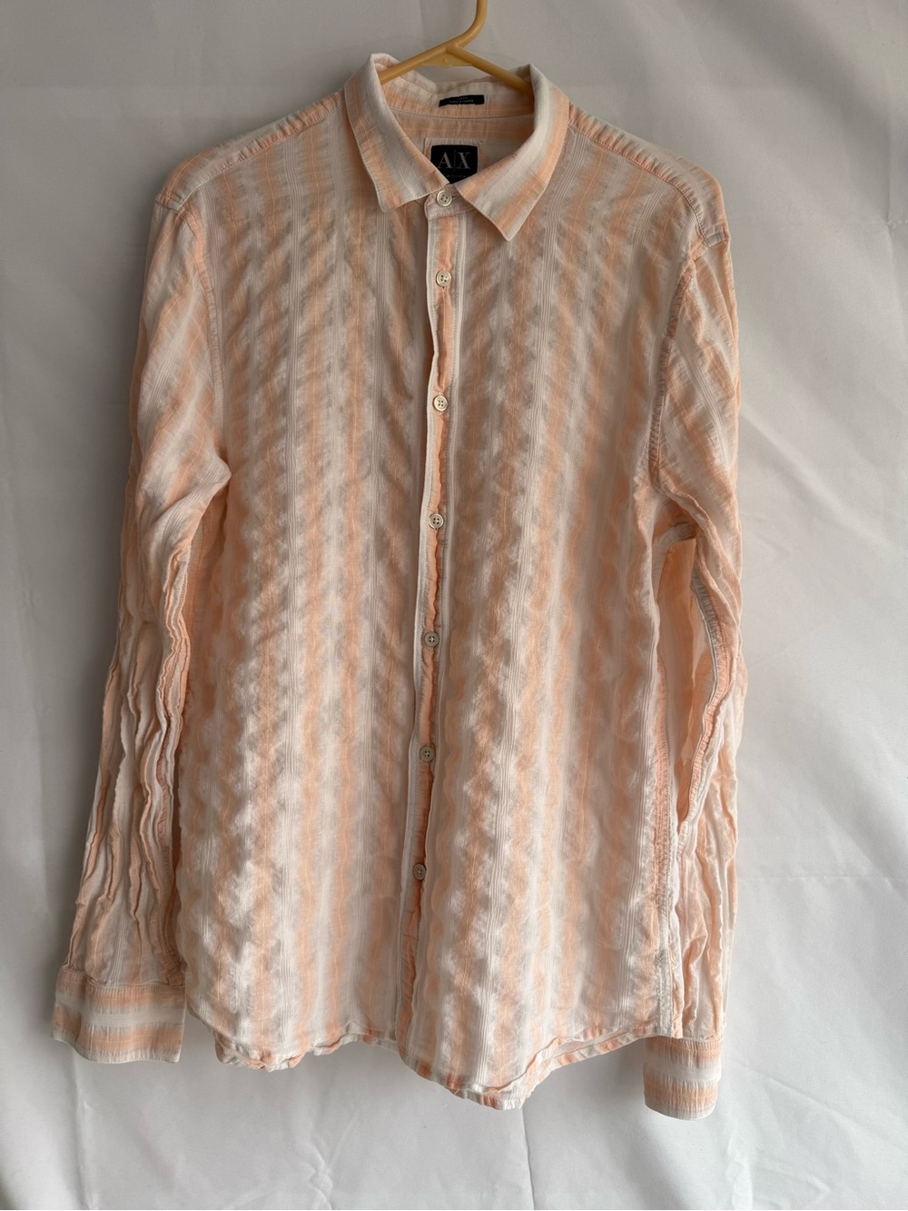 Armani Exchange Men’s L Slim Fit Peach Cream Striped Cotton Button Down Shirt
